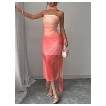 SweatyRocks Women's Ombre Sheer Mesh Tube Dress Strapless Sleeveless Midi Dresses with Neck Scarf Pink Small