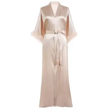 Elegant PRODESIGN Satin Kimono Robe with Ostrich Feather Trim for Wedding and Spa