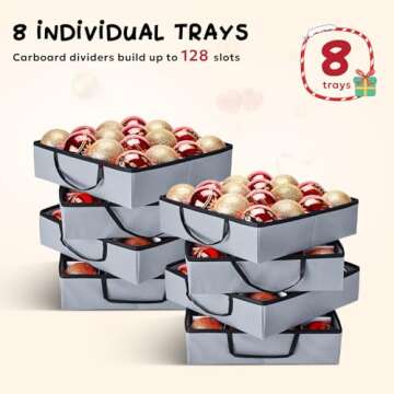 Mrrihand Christmas Ornament Storage Box, Ornament Storage Container with 8 Trays-Xmas Decoration Organizer Keeps 128 Holiday Ornaments 3-Inch, Dual Zipper Closure, 600D Tear-Proof（Grey）