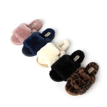 Dearfoams Women's Fireside Cairns Shearling Easy on/Off Slide Sandal Slipper, Navy, 6