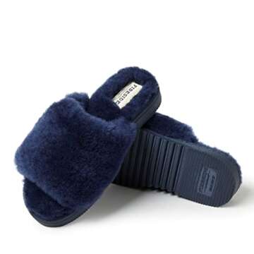 Dearfoams Women's Fireside Cairns Shearling Easy on/Off Slide Sandal Slipper, Navy, 6