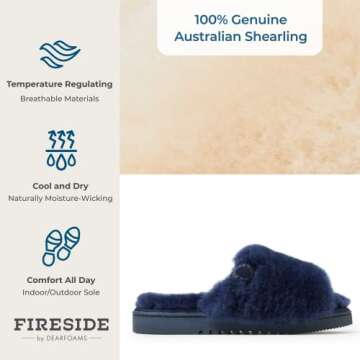 Dearfoams Women's Fireside Cairns Shearling Easy on/Off Slide Sandal Slipper, Navy, 6