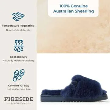 Dearfoams Women's Fireside Cairns Shearling Easy on/Off Slide Sandal Slipper, Navy, 6