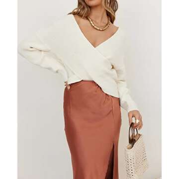 ZCSIA Women's Wrap V Neck Cropped Sweaters 2024 Fall Long Sleeve Cross Front Off Shoulder Solid Knitted Pullover Tops,Beige,Medium