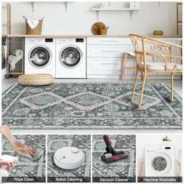 Vamcheer Washable Rugs Area Rugs - 6x9 Washable Area Rugs for Living Room Bedroom Dining Room Kitchen Non-Slip Rugs,Soft Low-Pile Indoor Machine Washable Vintage Carpet, Green