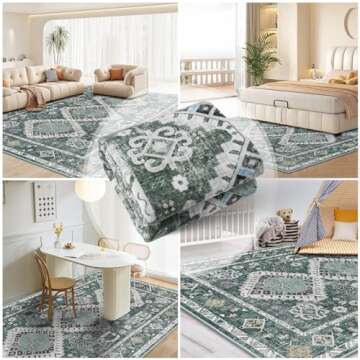 Vamcheer Washable Rugs Area Rugs - 6x9 Washable Area Rugs for Living Room Bedroom Dining Room Kitchen Non-Slip Rugs,Soft Low-Pile Indoor Machine Washable Vintage Carpet, Green