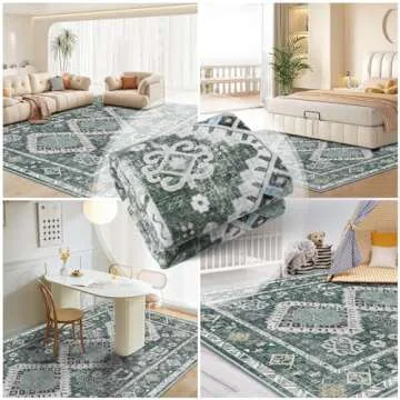 Vamcheer Washable Rugs Area Rugs - 6x9 Washable Area Rugs for Living Room Bedroom Dining Room Kitchen Non-Slip Rugs,Soft Low-Pile Indoor Machine Washable Vintage Carpet, Green