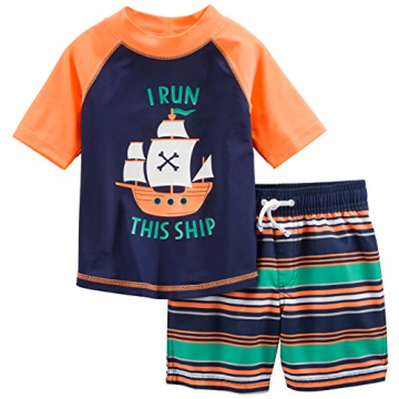 Simple Joys by Carter's Boys' Swimsuit Trunk and Rashguard Set, Navy Orange Ships/White Stripe, 3T