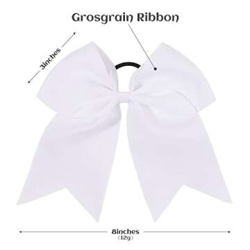 20 PCS 8 Inch Cheer Hair Bows Large Cheerleading Big Hair Bows with Ponytail Holder Hand-made Grosgrain Ribbon Hair Accessories for Teen Girls (White)
