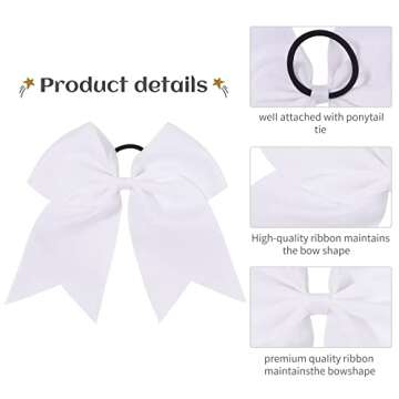 20 PCS 8 Inch Cheer Hair Bows Large Cheerleading Big Hair Bows with Ponytail Holder Hand-made Grosgrain Ribbon Hair Accessories for Teen Girls (White)