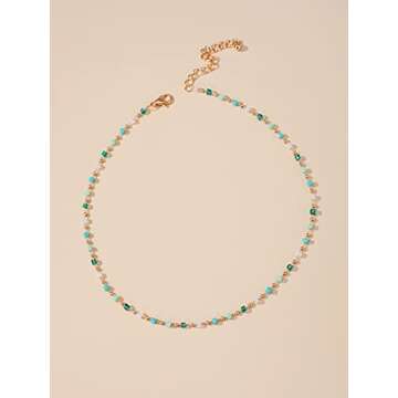 FUTIMELY Bohemia Green Beaded Beads Choker Necklace for Women,Simple Fresh Green Beaded Square Round Bead Choker Necklace Fashion Jewelry (Gold)