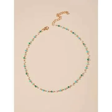 FUTIMELY Bohemia Green Beaded Beads Choker Necklace for Women,Simple Fresh Green Beaded Square Round Bead Choker Necklace Fashion Jewelry (Gold)