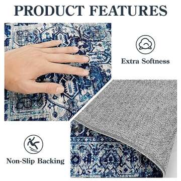 Lahome Boho Machine Washable Area Rug - 3x5 Non-Slip Carpet for Living Room Lightweight Stain Resistant Throw Rug for Bedroom, Blue Oriental Distressed Indoor Rug for Kitchen Entryway Dinning Room