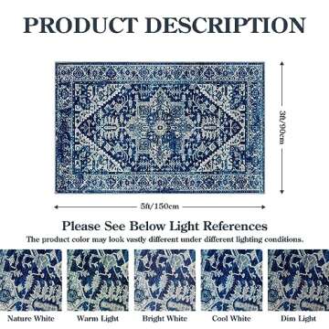 Lahome Boho Machine Washable Area Rug - 3x5 Non-Slip Carpet for Living Room Lightweight Stain Resistant Throw Rug for Bedroom, Blue Oriental Distressed Indoor Rug for Kitchen Entryway Dinning Room
