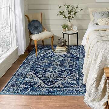 Lahome Boho Machine Washable Area Rug - 3x5 Non-Slip Carpet for Living Room Lightweight Stain Resistant Throw Rug for Bedroom, Blue Oriental Distressed Indoor Rug for Kitchen Entryway Dinning Room