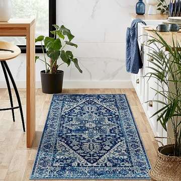 Lahome Boho Machine Washable Area Rug - 3x5 Non-Slip Carpet for Living Room Lightweight Stain Resistant Throw Rug for Bedroom, Blue Oriental Distressed Indoor Rug for Kitchen Entryway Dinning Room