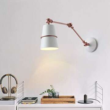 TopDeng Swing arm Adjustable Wall lamp, E12 Wall Sconce Modern Wall Light Bedroom Living Room Study Room Indoor 13x18x25cm-White