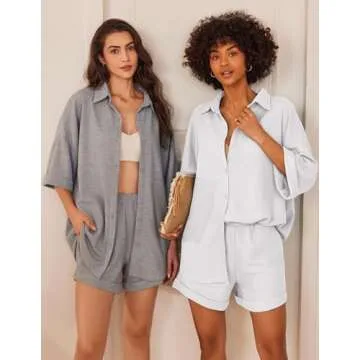 Ekouaer Waffle Knit Lounge Sets for Women Short Sleeve Pajamas Button Down Pjs Oversized Loungewear Shorts Set White