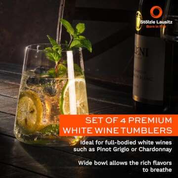 Stölzle Lausitz Stemless White Wine Glasses Set of 4 (Power). Dishwasher Safe Crystal Stemless Wine...