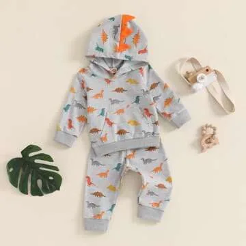 Ursobutegl Toddler Baby Boys Dinosaur Outfits Animal Hoodie Long Sleeve Sweatshirt Tops Jogger Pants Fall Winter Clothes Set (Gray, 2-3 Years)