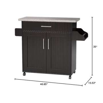 Hodedah Kitchen Island with Spice Rack, Towel Rack & Drawer, Chocolate with Grey Top