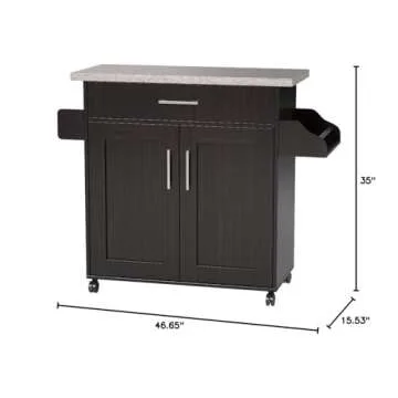 Hodedah Kitchen Island with Spice Rack, Towel Rack & Drawer, Chocolate with Grey Top