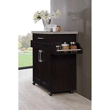 Hodedah Kitchen Island with Spice Rack, Towel Rack & Drawer, Chocolate with Grey Top