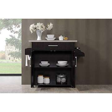 Hodedah Kitchen Island with Spice Rack, Towel Rack & Drawer, Chocolate with Grey Top