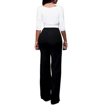 LKOUS Women's Stretchy High Waisted Wide Leg Button-Down Pants (L, 26-BK)