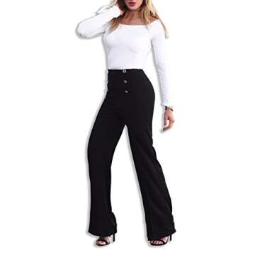 LKOUS Women's Stretchy High Waisted Wide Leg Button-Down Pants (L, 26-BK)
