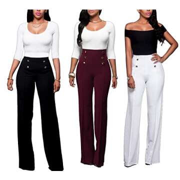 LKOUS Women's Stretchy High Waisted Wide Leg Button-Down Pants (L, 26-BK)