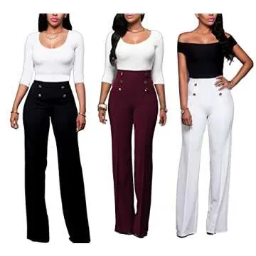 LKOUS Women's Stretchy High Waisted Wide Leg Button-Down Pants (L, 26-BK)