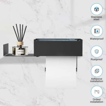 Toilet Paper Holder with Shelf, FUNLEU Flushable Wipes Dispenser for Bathroom, Self Adhesive Toilet ...