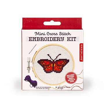 Kikkerland DIY Mini Cross Stitch Butterfly Embroidery Craft Starter Kit Set, with Pattern Instructio...