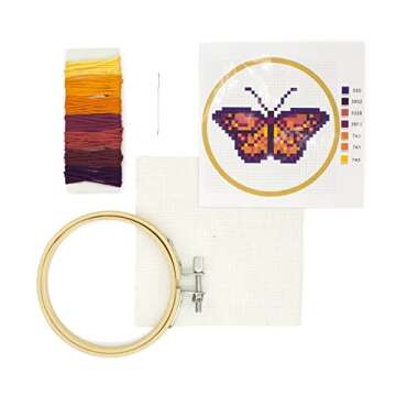 Kikkerland DIY Mini Cross Stitch Butterfly Embroidery Craft Starter Kit Set, with Pattern Instructions, 3" Bamboo Hoop, Stress Relief, Adult Beginner Friendly
