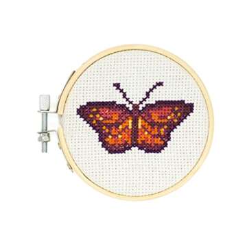 Kikkerland DIY Mini Cross Stitch Butterfly Embroidery Craft Starter Kit Set, with Pattern Instructions, 3" Bamboo Hoop, Stress Relief, Adult Beginner Friendly