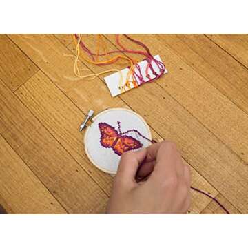 Kikkerland DIY Mini Cross Stitch Butterfly Embroidery Craft Starter Kit Set, with Pattern Instructions, 3" Bamboo Hoop, Stress Relief, Adult Beginner Friendly