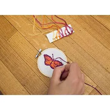 Kikkerland DIY Mini Cross Stitch Butterfly Embroidery Craft Starter Kit Set, with Pattern Instructions, 3" Bamboo Hoop, Stress Relief, Adult Beginner Friendly
