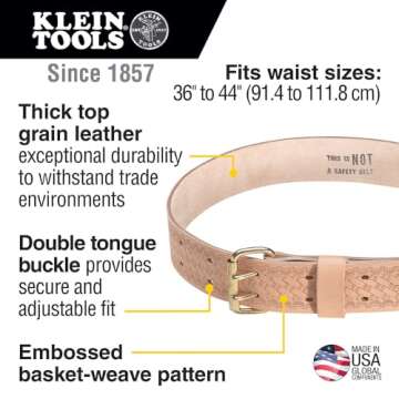 Klein Tools 5415 Tool Belt, Heavy-Duty Leather Work Belt for Contractors, Construction, Carpenters, ...