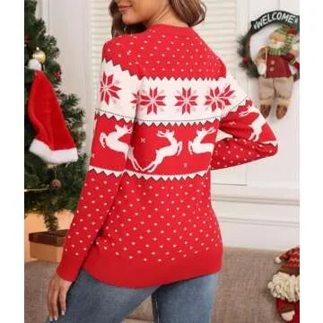 GRECERELLE Ugly Christmas Sweatshirts for Women Party Funny Santa Sweater Christmas Tree Long Sleeve Fall Sweaters for Women 2024 Red Snowflake & Reindeer-S