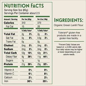 Tolerant Organic Green Lentil Rotini Pasta Free from Allergens - Gluten Free, Vegan, Paleo, Plant Based Protein Pasta - Non GMO, Kosher - Made with 1 Single Ingredient, 8 oz (Pack of 1)