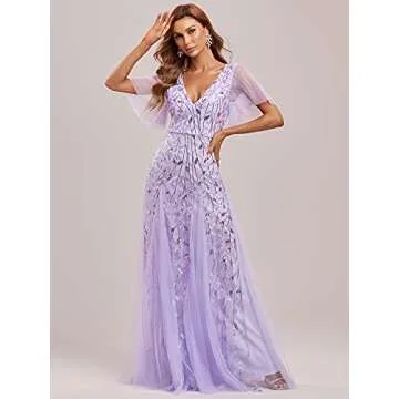 Ever-Pretty Women's Sequin Sparkly V-Neck Short Sleeve Maxi Evening Dress Lavender US08