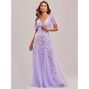 Ever-Pretty Women's Sequin Sparkly V-Neck Short Sleeve Maxi Evening Dress Lavender US08
