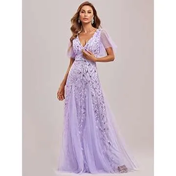Ever-Pretty Women's Sequin Sparkly V-Neck Short Sleeve Maxi Evening Dress Lavender US08