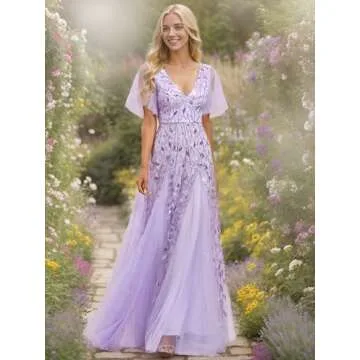 Ever-Pretty Women's Sequin Sparkly V-Neck Short Sleeve Maxi Evening Dress Lavender US08