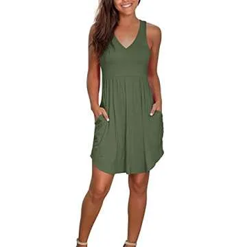 Atizon Casual Summer T Shirt Dress for Women V Neck Swing Elastic Tunic Short Sundress with Pockets