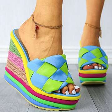 mikarka Colorful Espadrille Wedge Sandals for women, Peep Toe Slip On Platform Slides Sandals Summer Beach Stacked High Heels