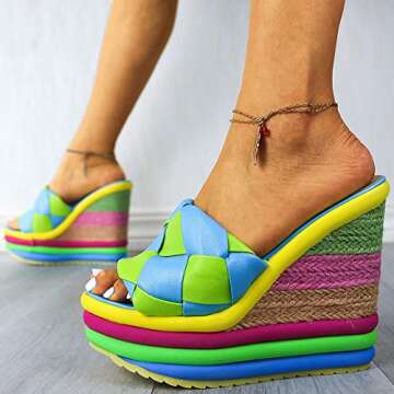 mikarka Colorful Espadrille Wedge Sandals for women, Peep Toe Slip On Platform Slides Sandals Summer Beach Stacked High Heels