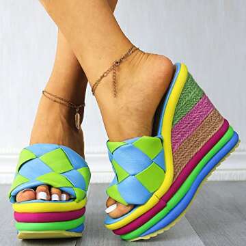 mikarka Colorful Espadrille Wedge Sandals for women, Peep Toe Slip On Platform Slides Sandals Summer Beach Stacked High Heels