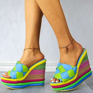 mikarka Colorful Espadrille Wedge Sandals for women, Peep Toe Slip On Platform Slides Sandals Summer Beach Stacked High Heels